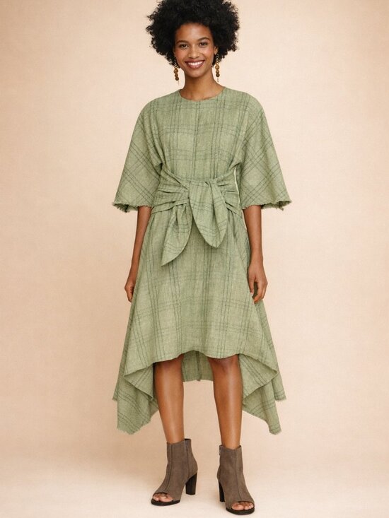 Zara Dresses & Skirts - Zara Sage Green Linen Cotton Hi Low Hem Tie Dress Boho Lagenlook Plaid Stripe
